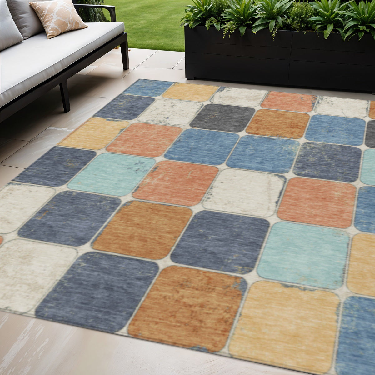 5 X 8 Rust And Denim Blue Geometric Washable Indoor Outdoor Area Rug