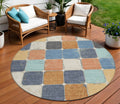 8 Rust And Denim Blue Round Geometric Washable Indoor Outdoor Area Rug