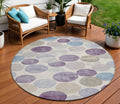8 Plum Beige And Denim Blue Round Geometric Washable Indoor Outdoor Area Rug