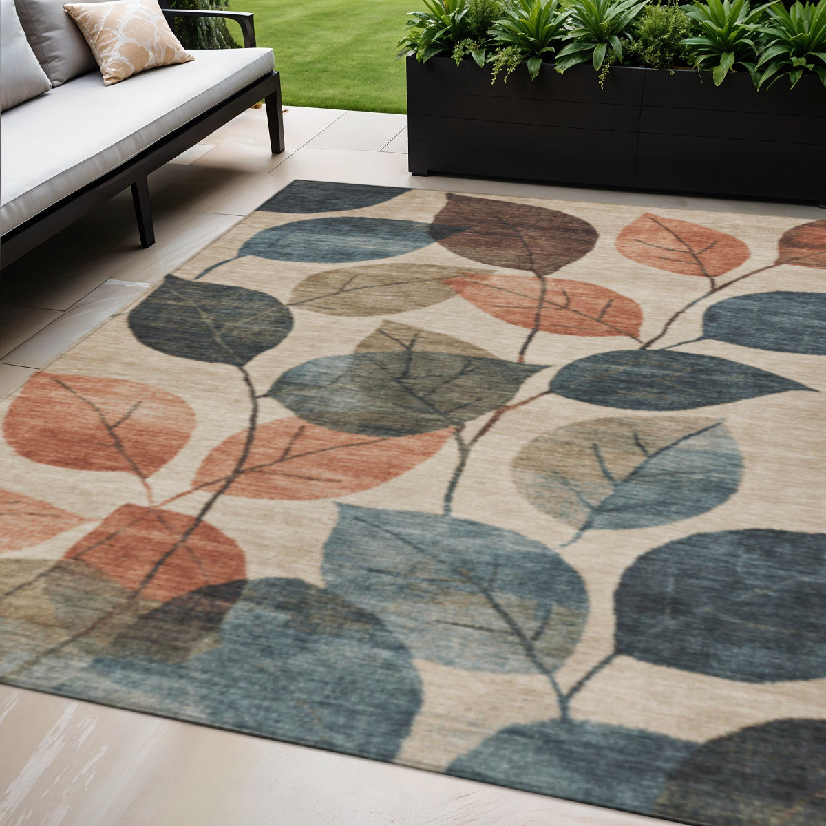 5 X 8 Beige Copper And Denim Blue Floral Washable Indoor Outdoor Area Rug
