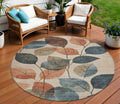8 Beige Copper And Denim Blue Round Floral Washable Indoor Outdoor Area Rug