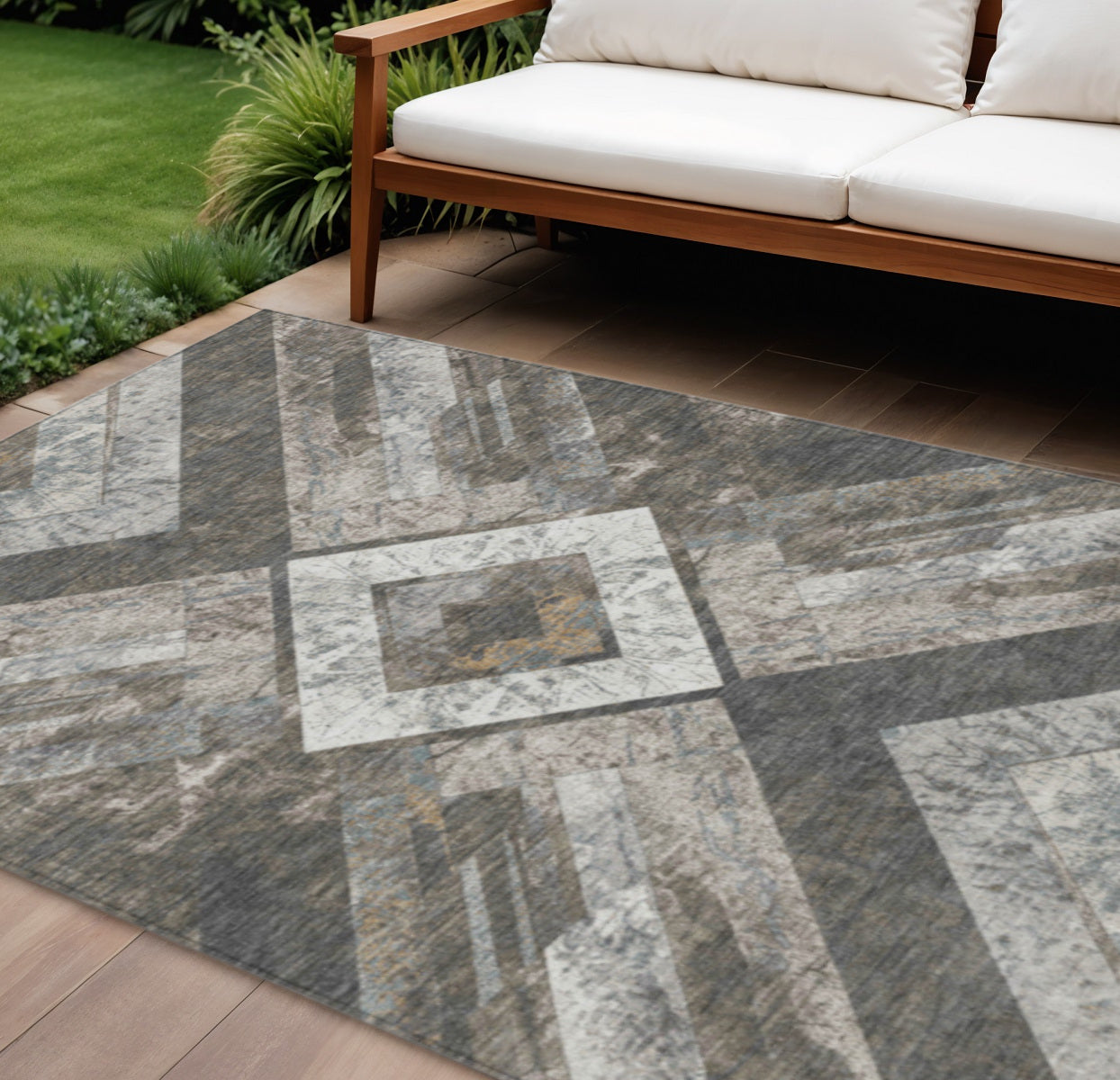 9 X 12 Brown And Gray Geometric Washable Indoor Outdoor Area Rug