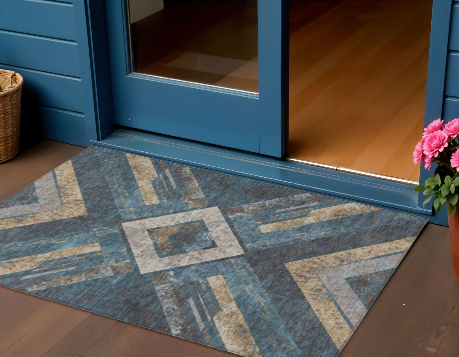 3 X 5 Navy Blue And Beige Geometric Washable Indoor Outdoor Area Rug