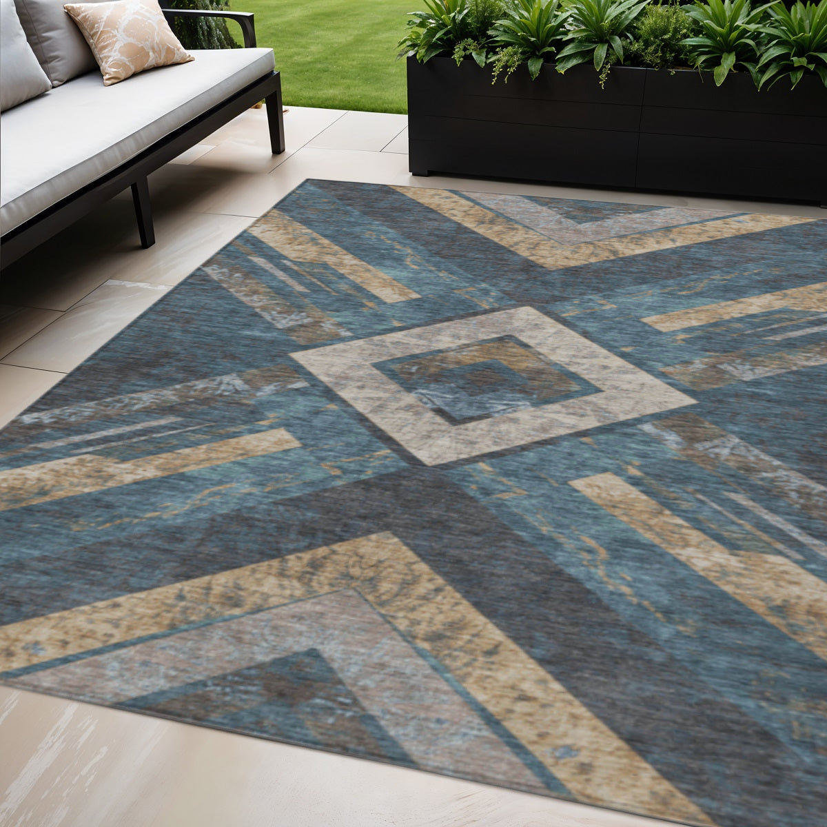 5 X 8 Navy Blue And Beige Geometric Washable Indoor Outdoor Area Rug