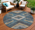8 Navy Blue And Beige Round Geometric Washable Indoor Outdoor Area Rug