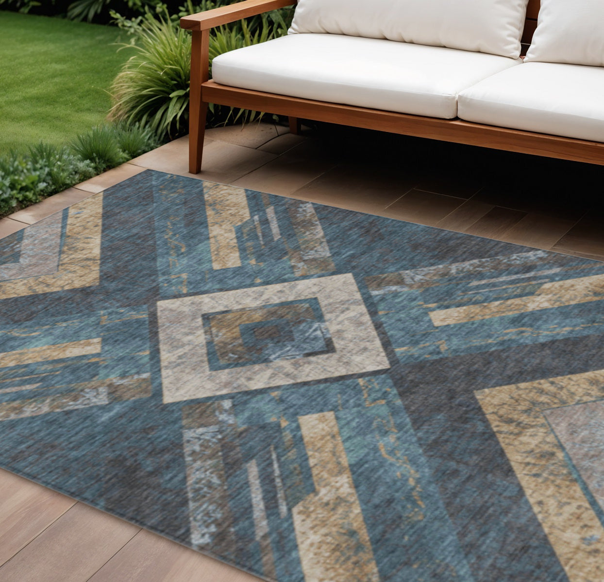 10 X 14 Navy Blue And Beige Geometric Washable Indoor Outdoor Area Rug