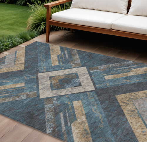 10 X 14 Navy Blue And Beige Geometric Washable Indoor Outdoor Area Rug