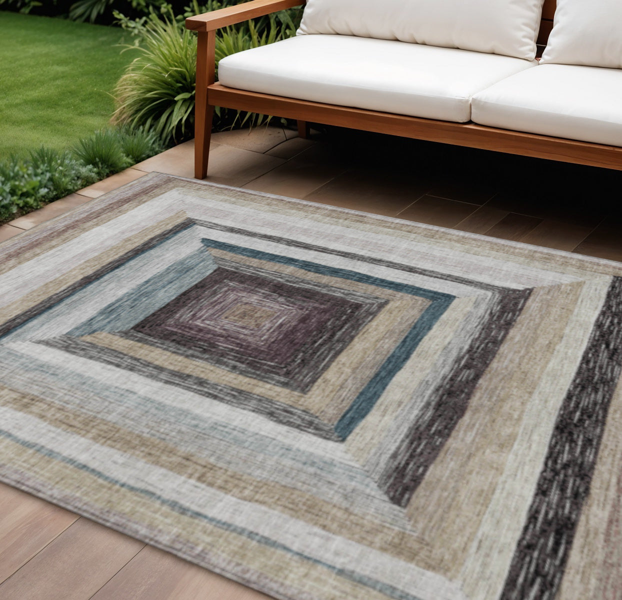8 X 10 Beige Charcoal And Ivory Geometric Washable Indoor Outdoor Area Rug