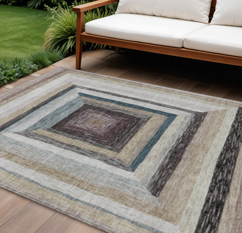 10 X 14 Beige Charcoal And Ivory Geometric Washable Indoor Outdoor Area Rug
