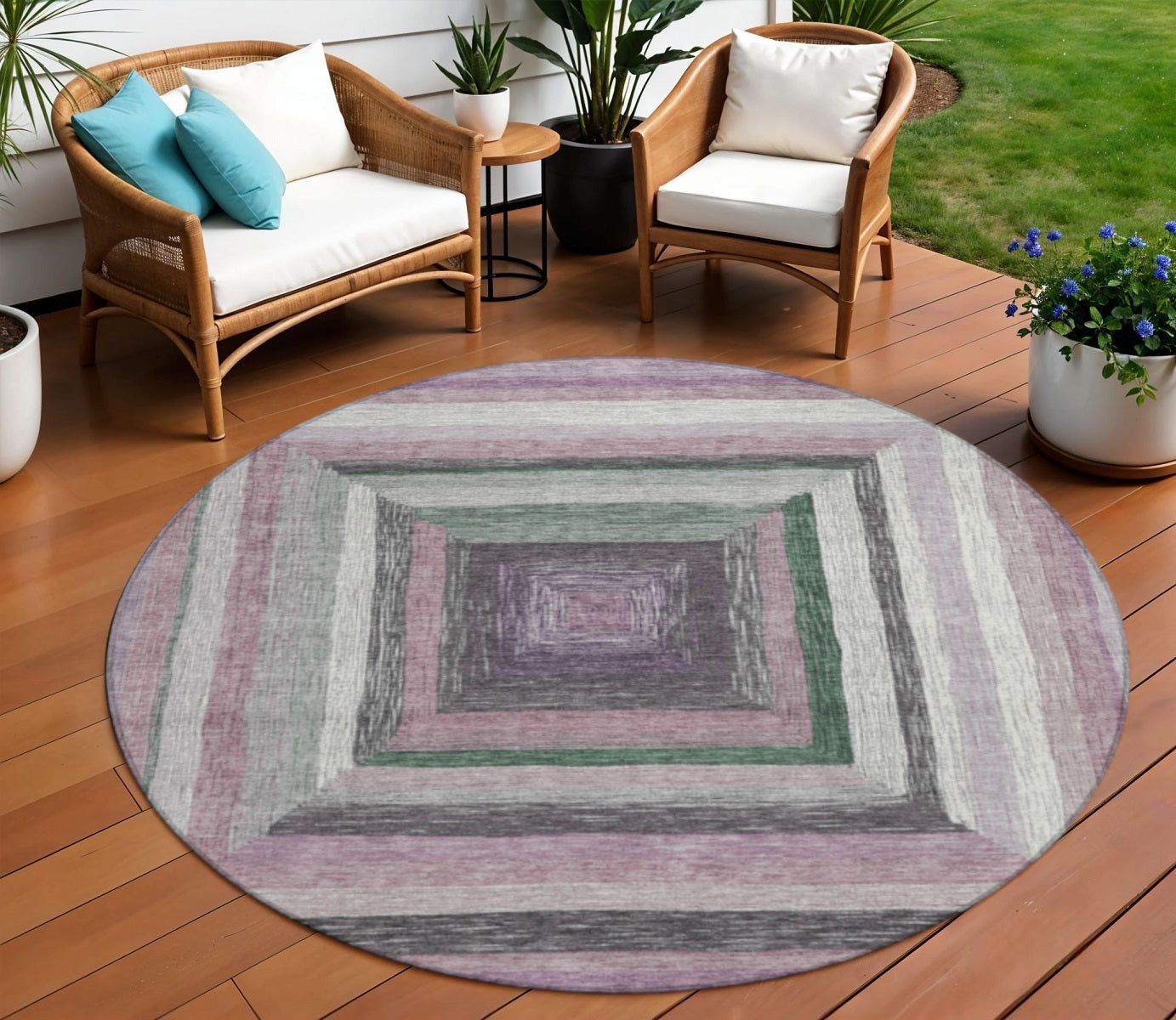 8 Blush Gray And Green Round Geometric Washable Indoor Outdoor Area Rug