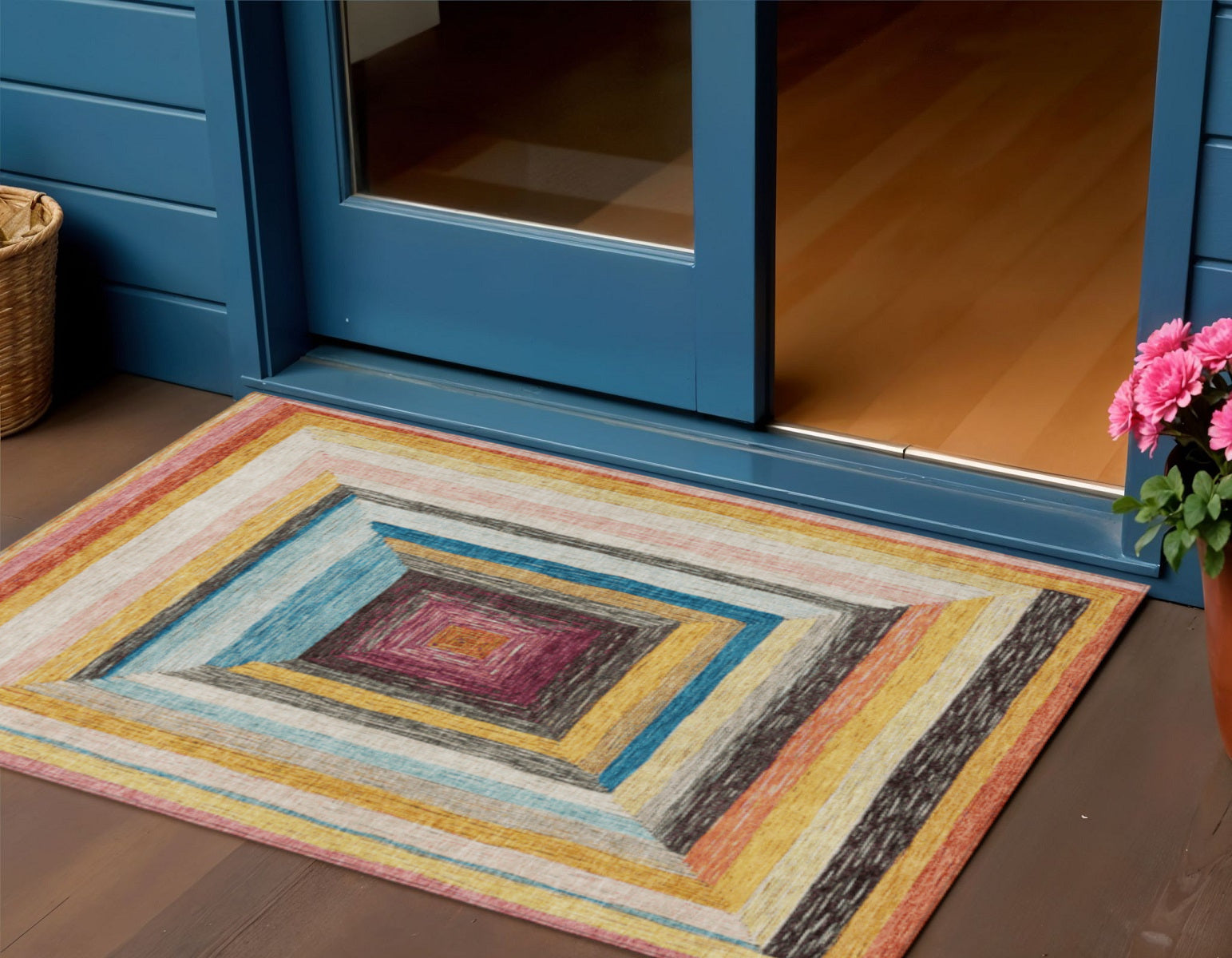 3 X 5 Amber Pink And Teal Blue Geometric Washable Indoor Outdoor Area Rug