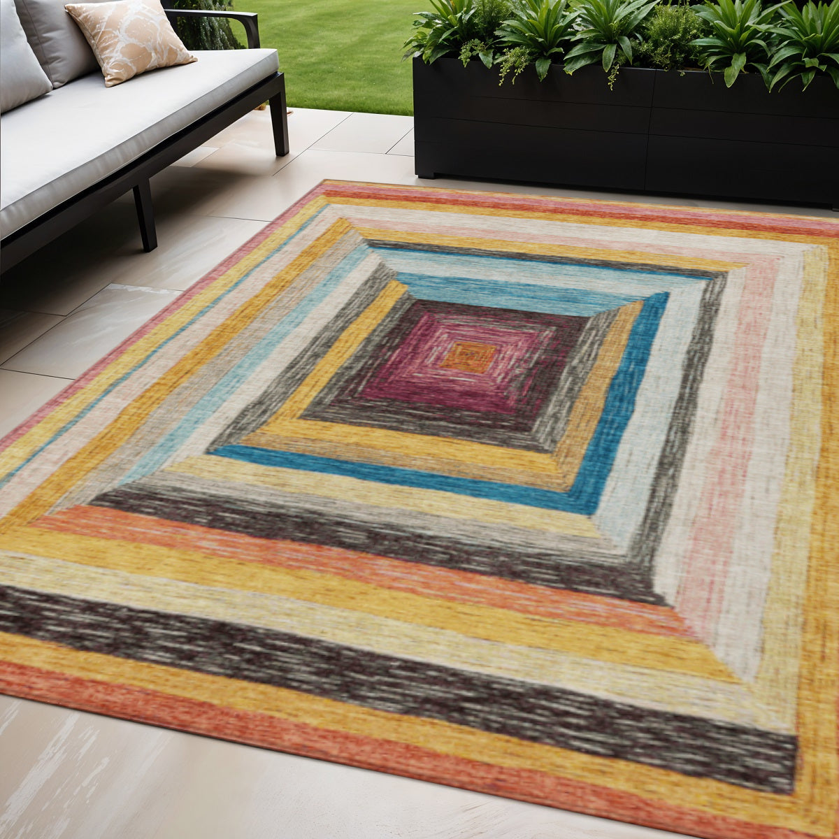 5 X 8 Amber Pink And Teal Blue Geometric Washable Indoor Outdoor Area Rug