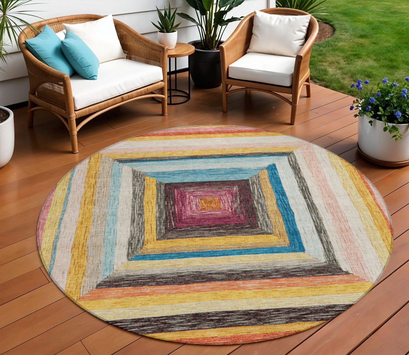 8 Amber Pink And Teal Blue Round Geometric Washable Indoor Outdoor Area Rug