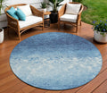 8 Denim Blue And Ivory Round Damask Washable Indoor Outdoor Area Rug