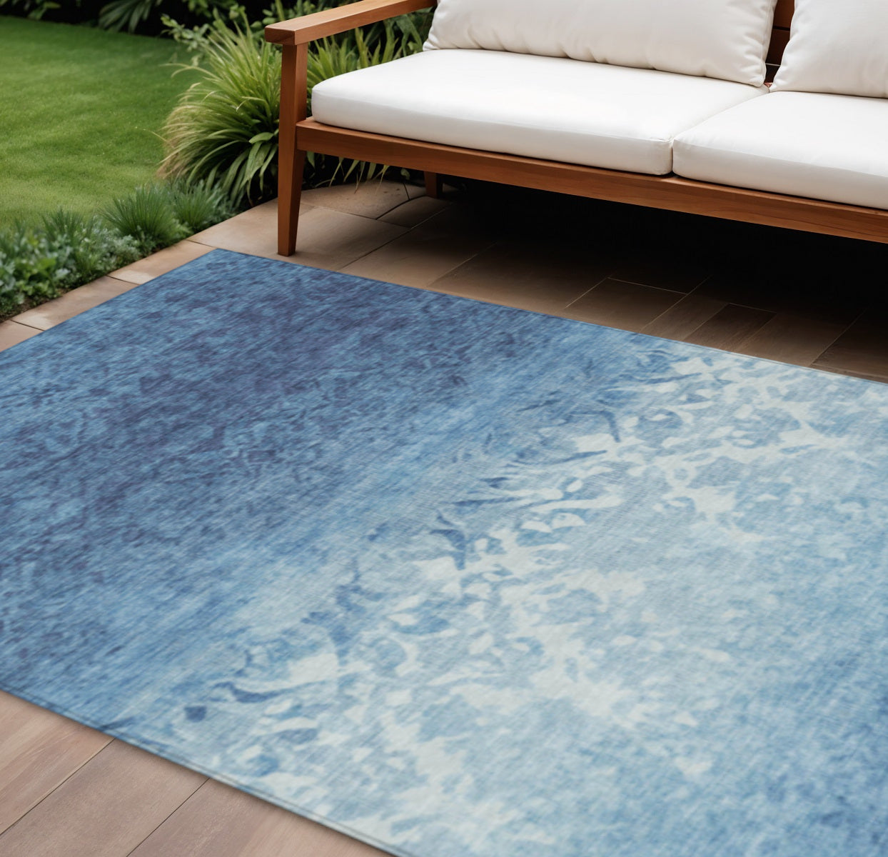 9 X 12 Denim Blue And Ivory Damask Washable Indoor Outdoor Area Rug