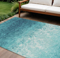 9 X 12 Teal Blue And Ivory Damask Washable Indoor Outdoor Area Rug