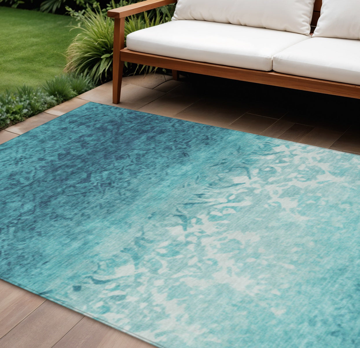 9 X 12 Teal Blue And Ivory Damask Washable Indoor Outdoor Area Rug