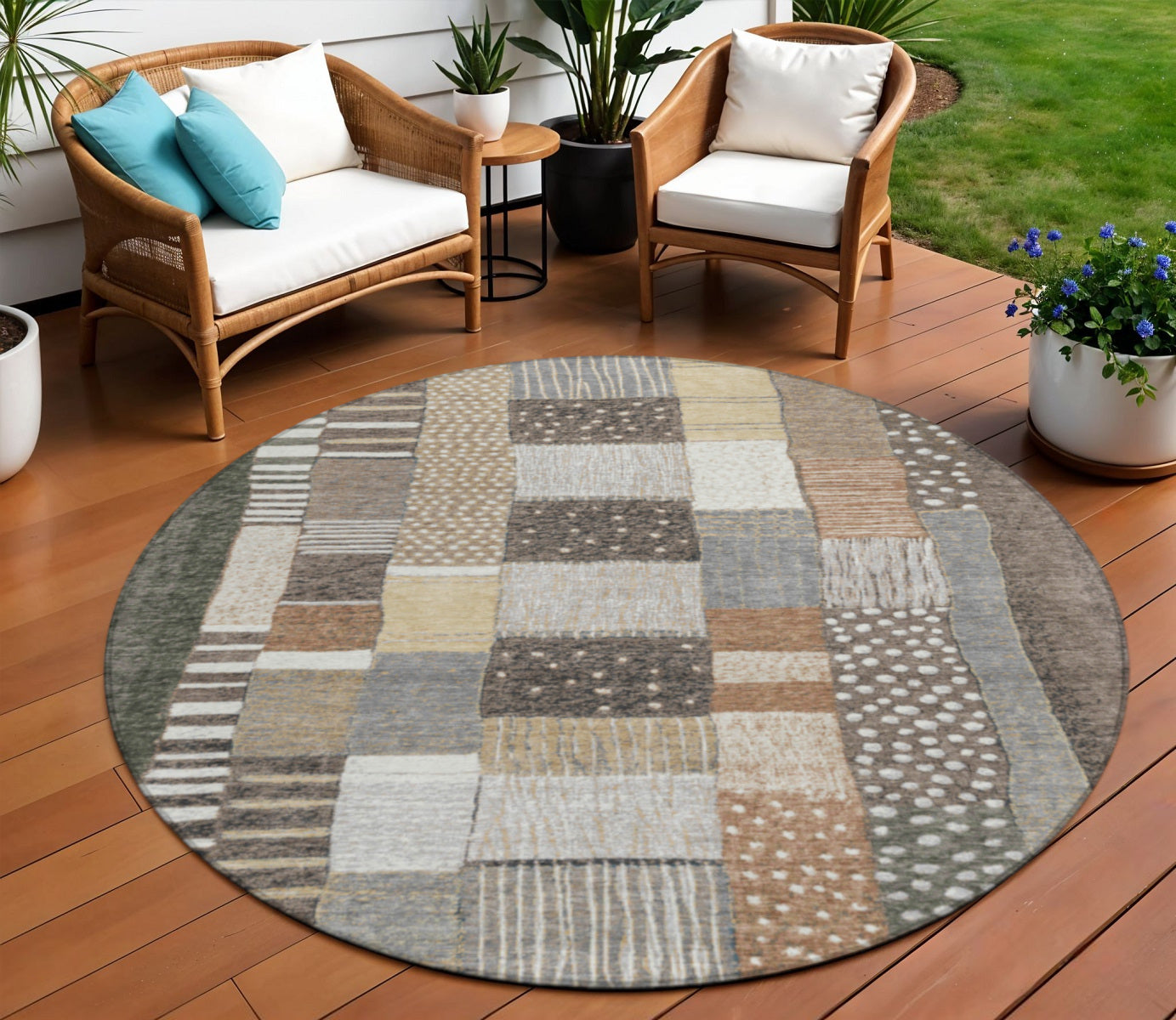 8 Brown Ivory And Gray Round Geometric Washable Indoor Outdoor Area Rug