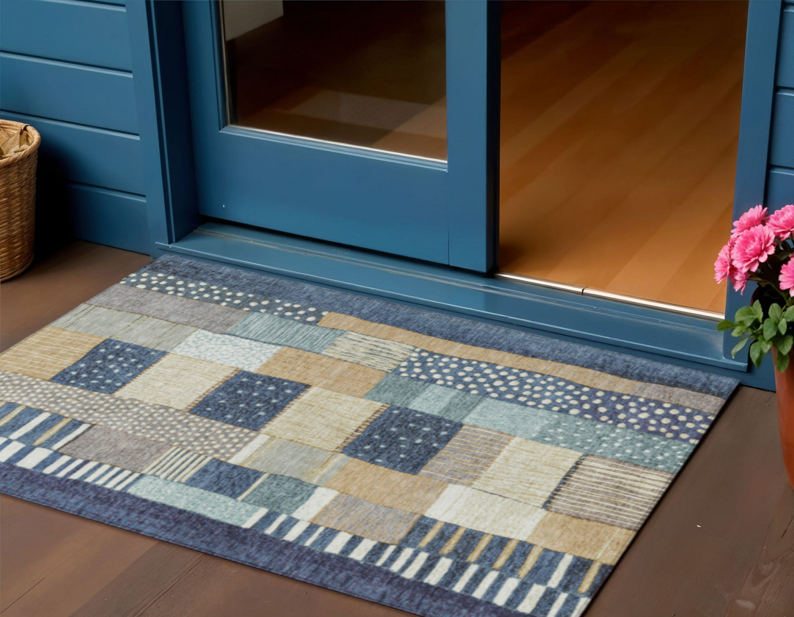 3 X 5 Navy Blue Beige And Ivory Geometric Washable Indoor Outdoor Area Rug