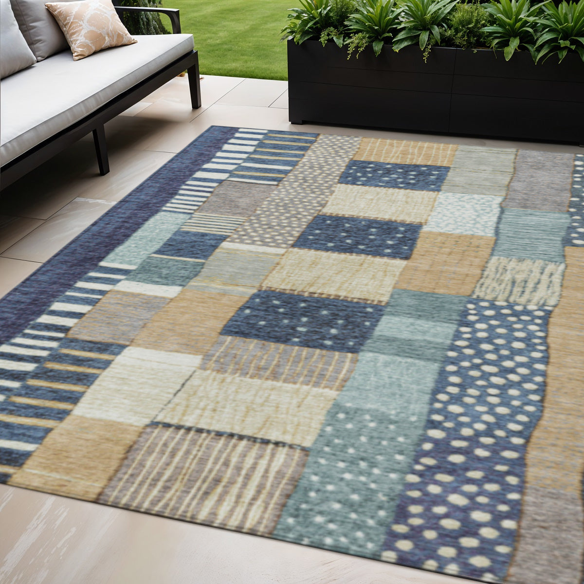 5 X 8 Navy Blue Beige And Ivory Geometric Washable Indoor Outdoor Area Rug