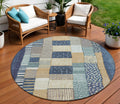8 Navy Blue Beige And Ivory Round Geometric Washable Indoor Outdoor Area Rug