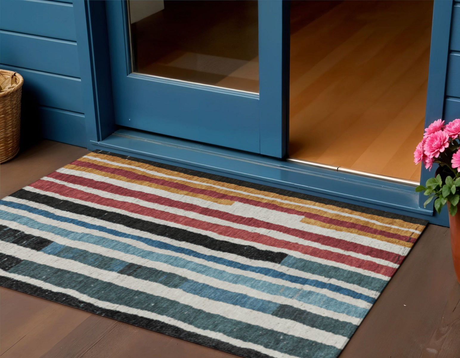 3 X 5 Black Denim Blue And Merlot Striped Washable Indoor Outdoor Area Rug