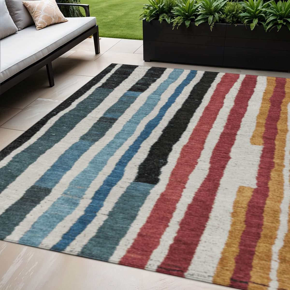 5 X 8 Black Denim Blue And Merlot Striped Washable Indoor Outdoor Area Rug