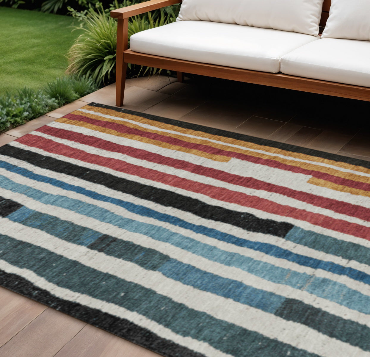 10 X 14 Black Denim Blue And Merlot Striped Washable Indoor Outdoor Area Rug