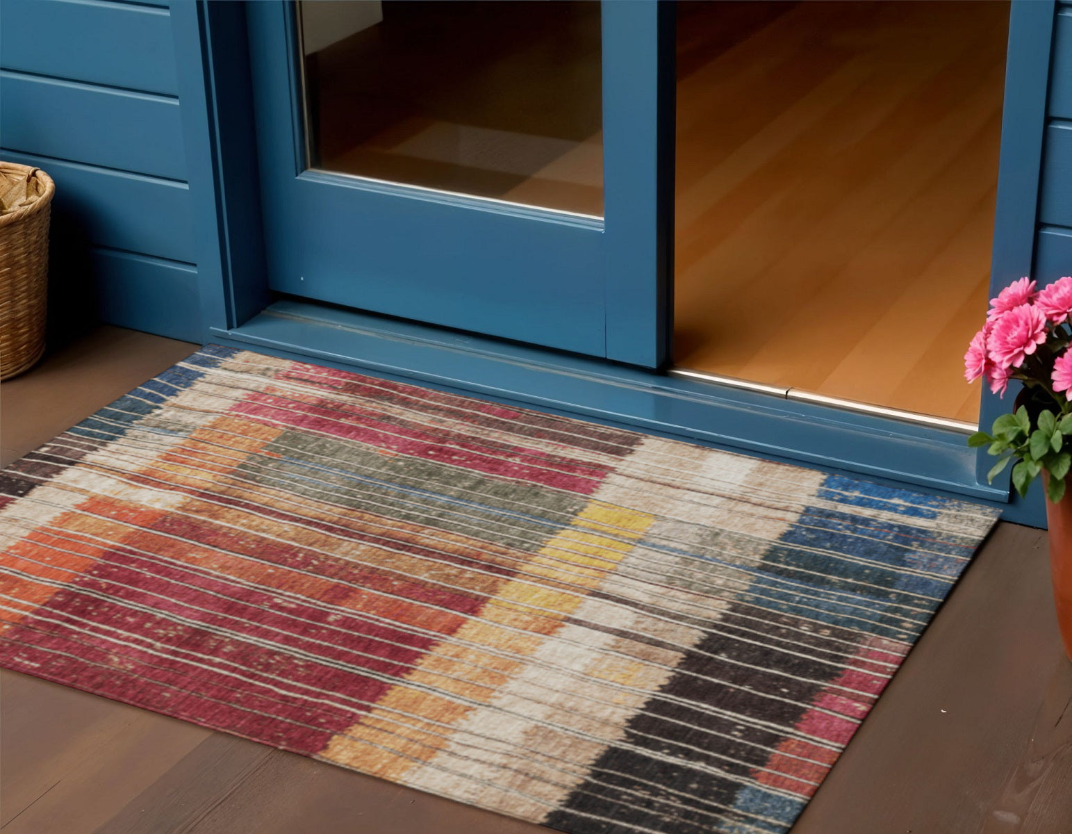 3 X 5 Beige Red And Yellow Striped Washable Indoor Outdoor Area Rug
