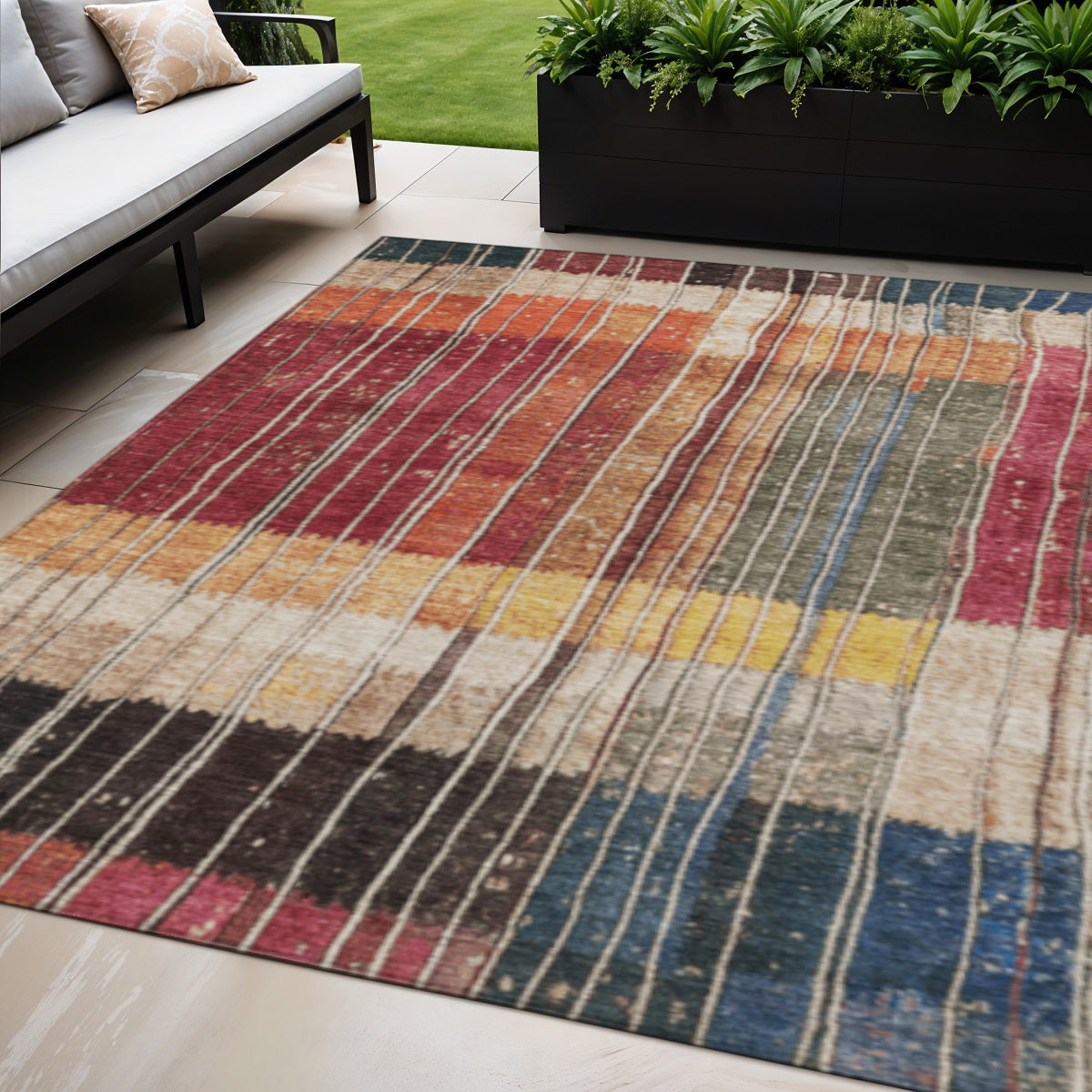 5 X 8 Beige Red And Yellow Striped Washable Indoor Outdoor Area Rug