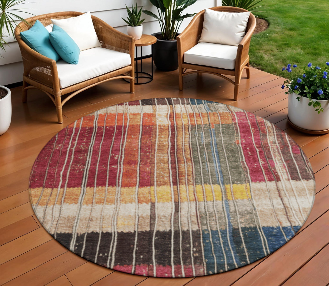 8 Beige Red And Yellow Round Striped Washable Indoor Outdoor Area Rug
