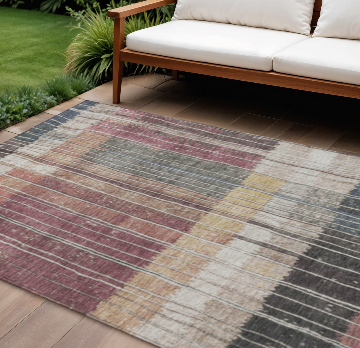 10 X 14 Mauve Blue And Gold Striped Washable Indoor Outdoor Area Rug
