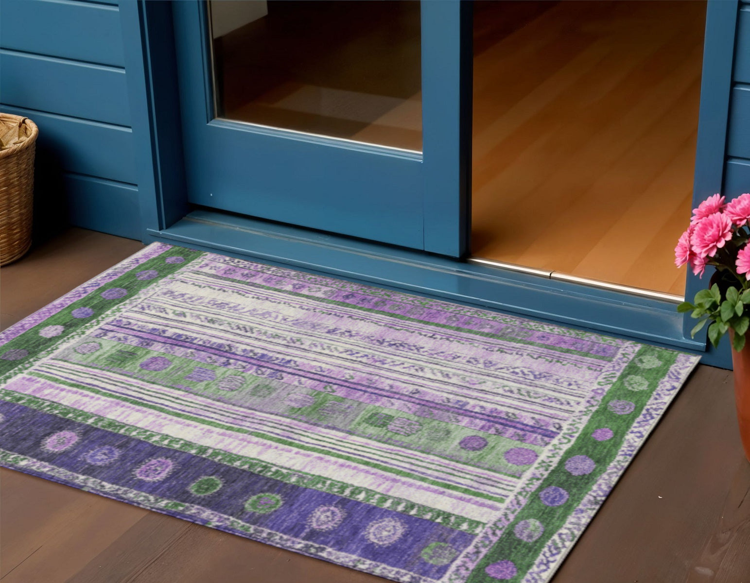 3 X 5 Green And Purple Striped Washable Indoor Outdoor Area Rug