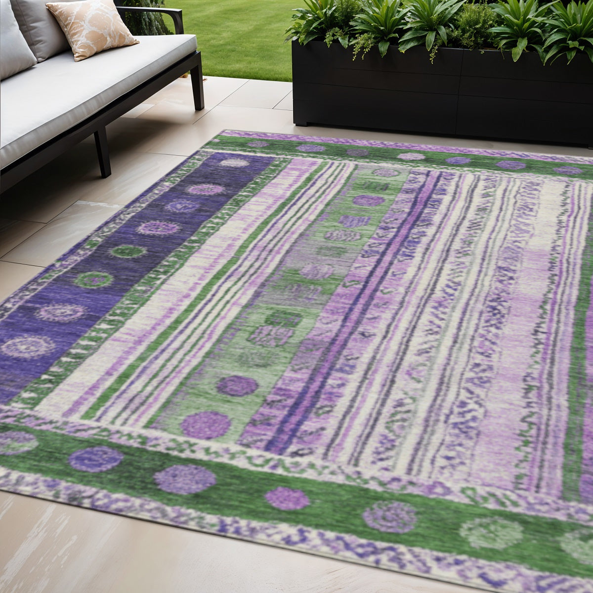 5 X 8 Green And Purple Striped Washable Indoor Outdoor Area Rug