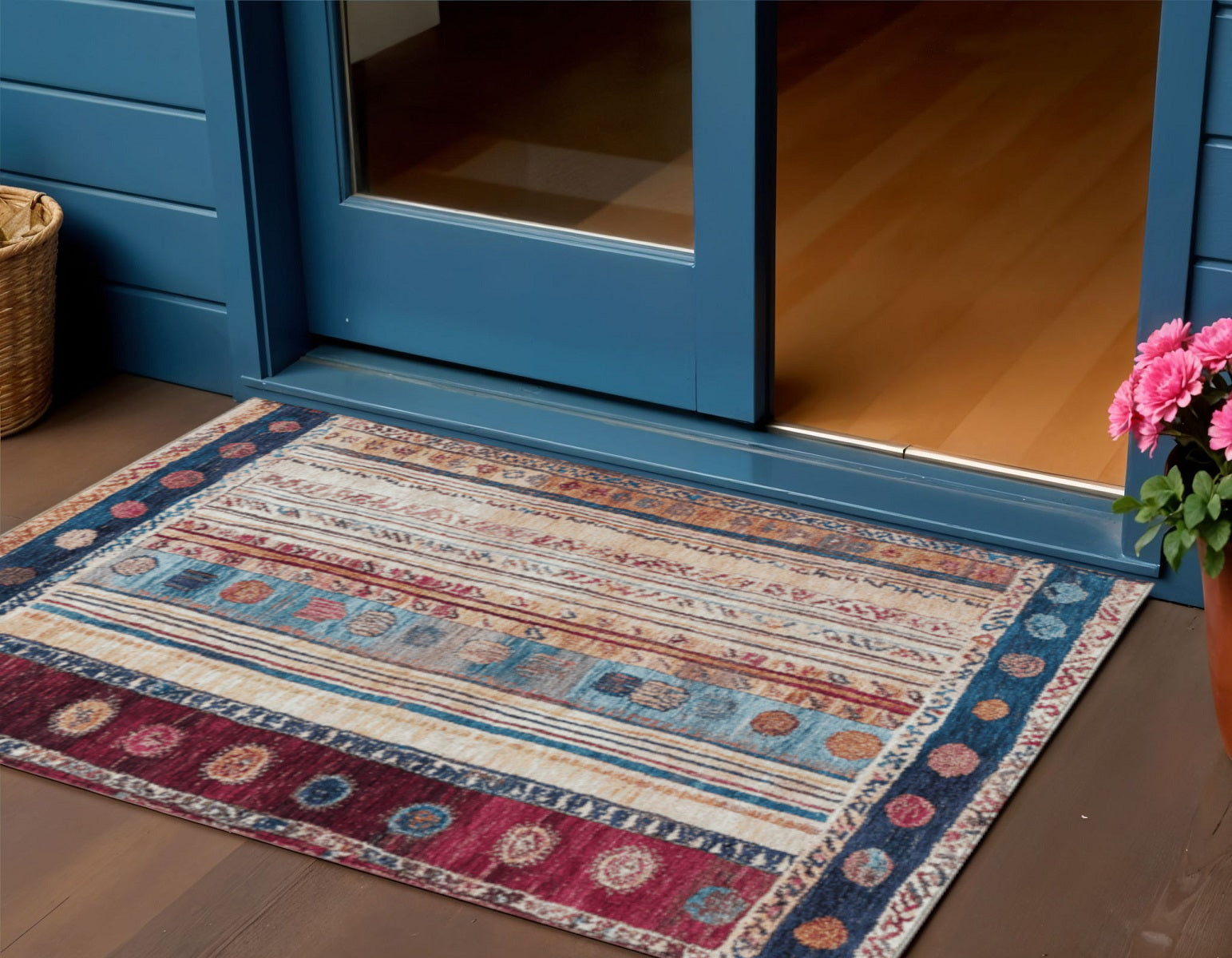 3 X 5 Navy Blue And Merlot Striped Washable Indoor Outdoor Area Rug