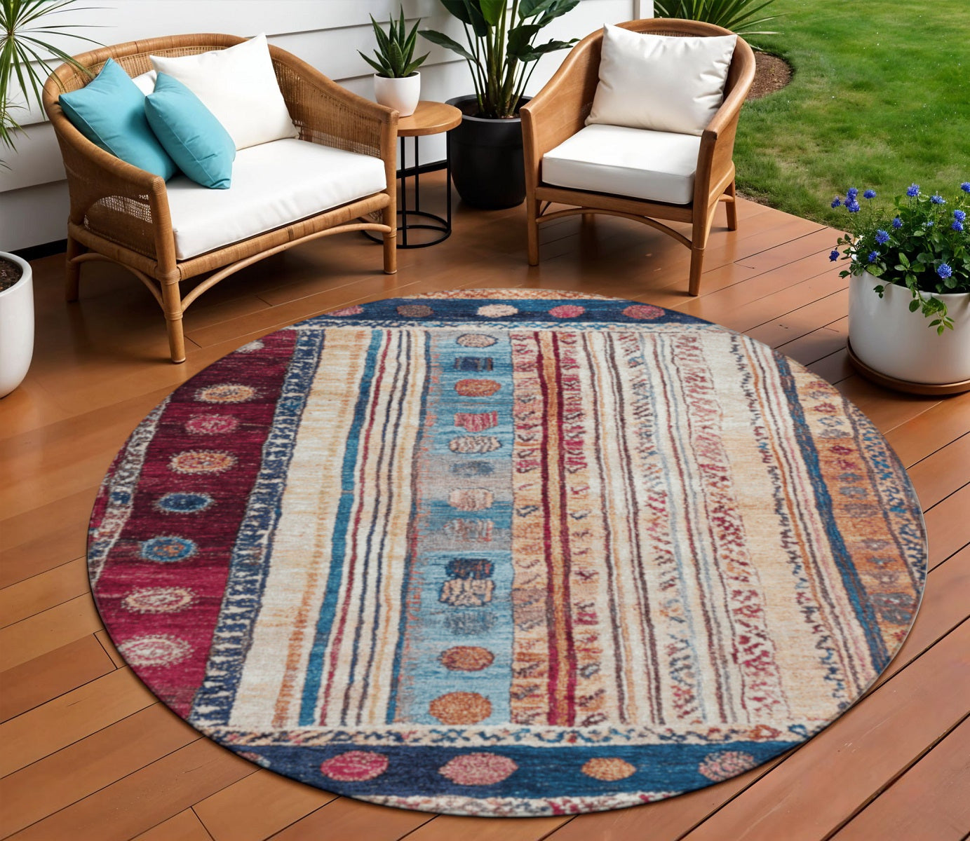 8 Navy Blue And Merlot Round Striped Washable Indoor Outdoor Area Rug