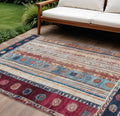 9 X 12 Navy Blue And Merlot Striped Washable Indoor Outdoor Area Rug