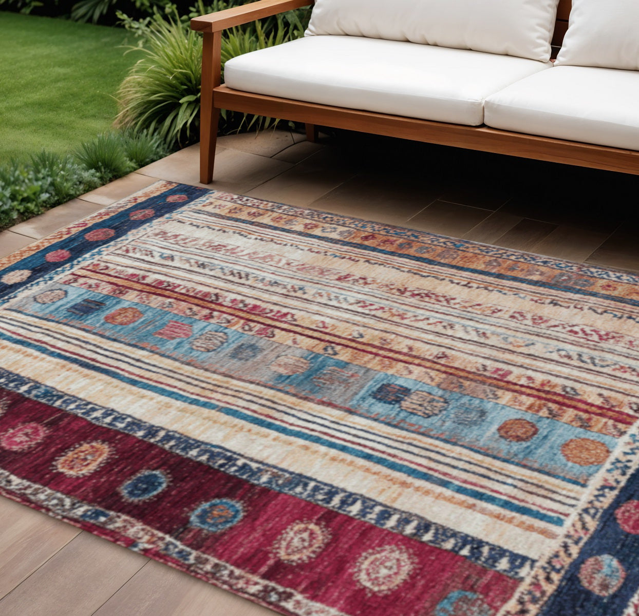 10 X 14 Navy Blue And Merlot Striped Washable Indoor Outdoor Area Rug