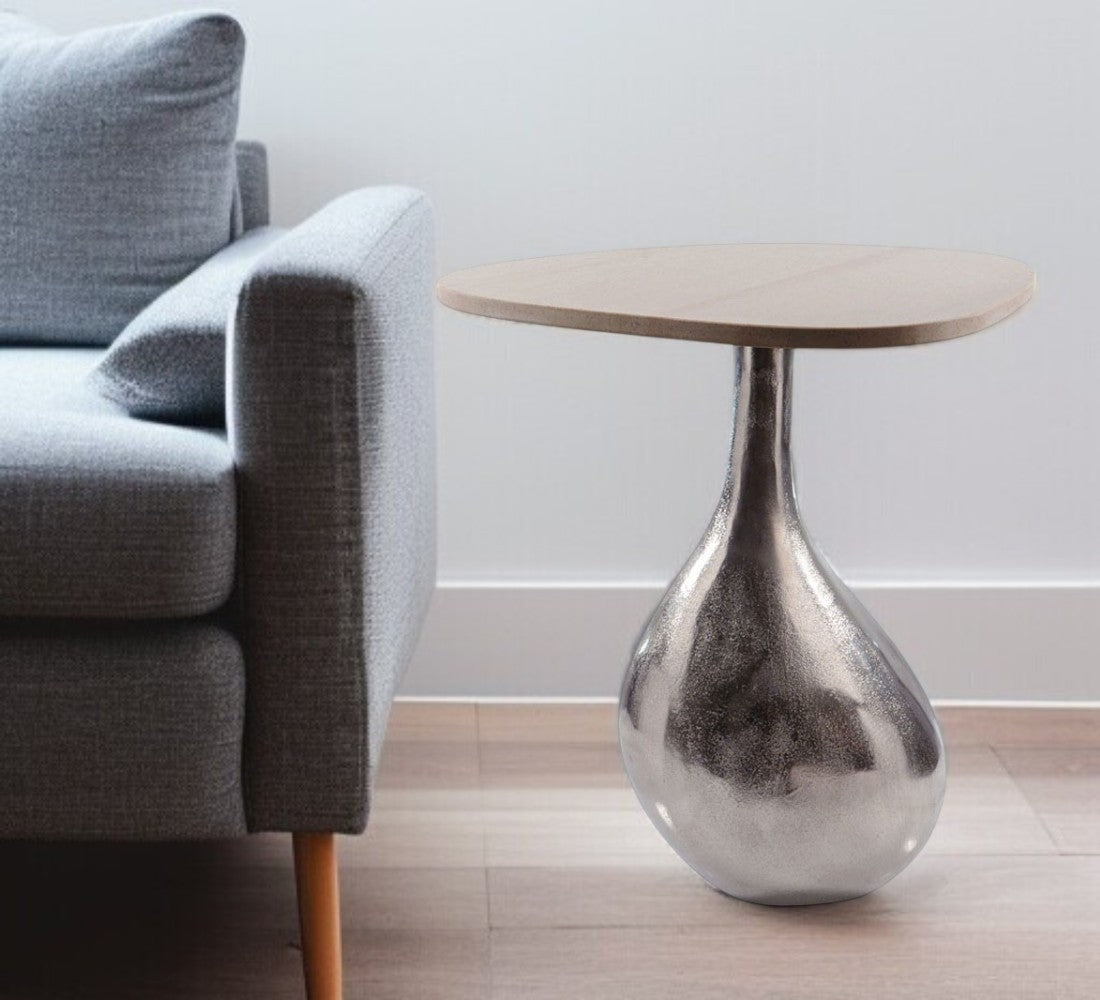 22'' Silver And Beige Cast Aluminum And Marble Pedestal End Table