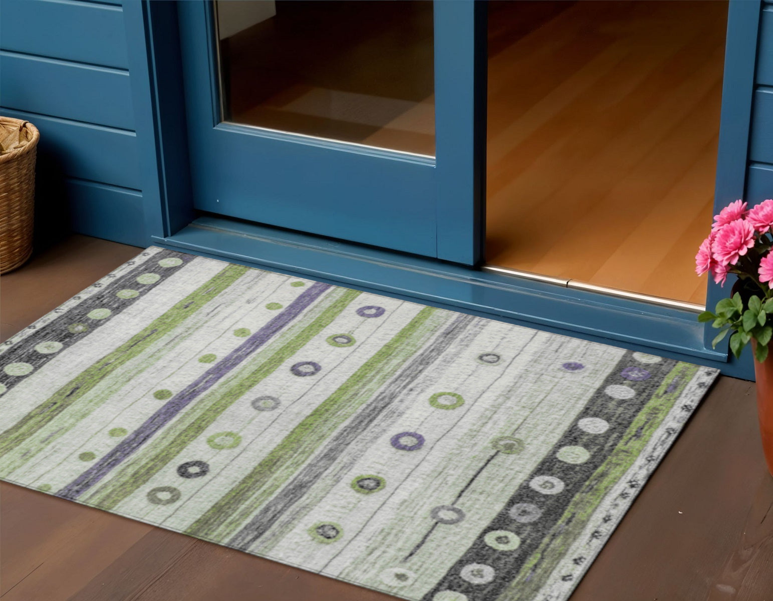 3 X 5 Artichoke Green Purple And Ivory Striped Washable Indoor Outdoor Area Rug