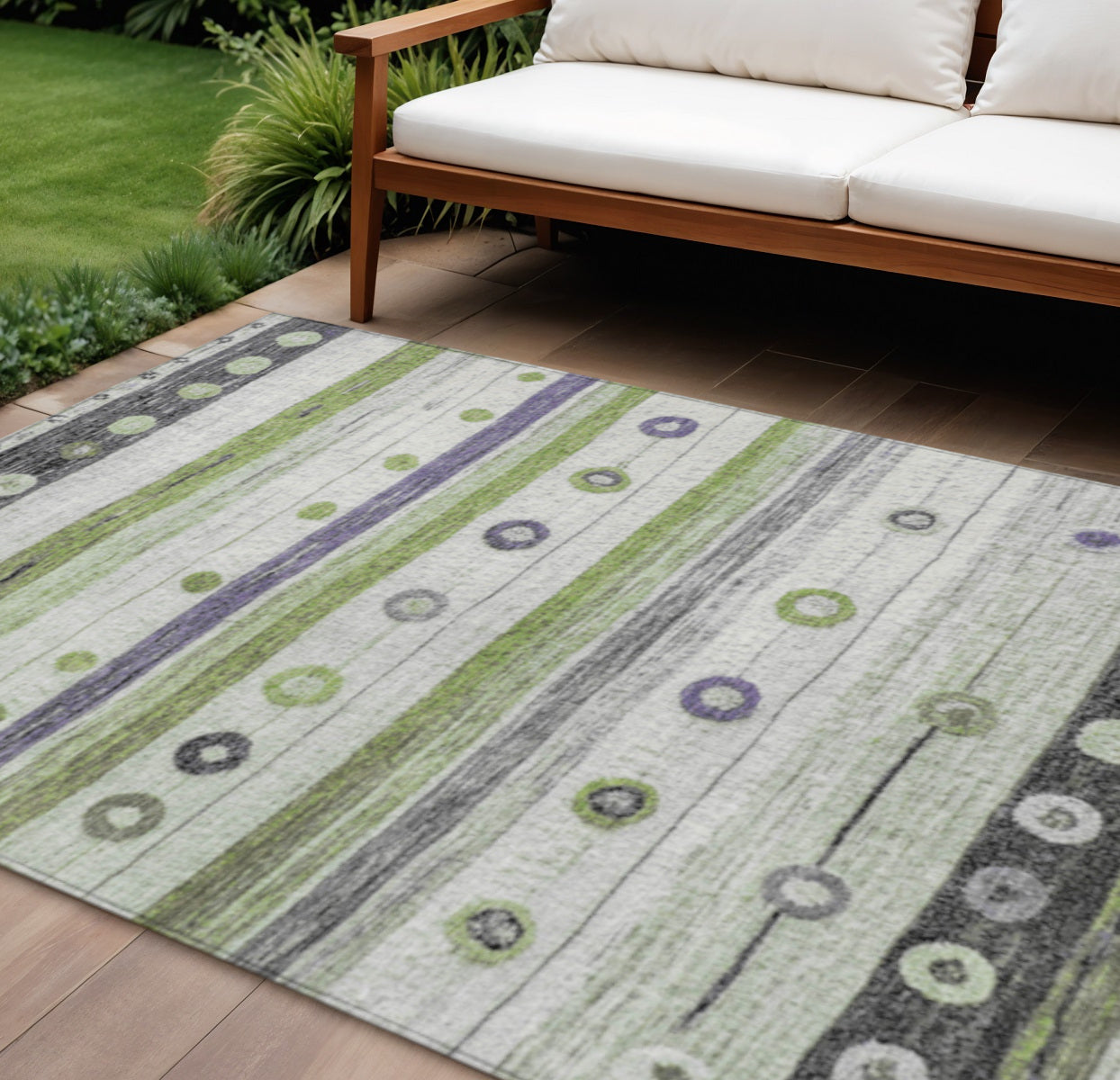 8 X 10 Artichoke Green Purple And Ivory Striped Washable Indoor Outdoor Area Rug