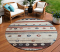 8 Beige Rust And Navy Blue Round Striped Washable Indoor Outdoor Area Rug
