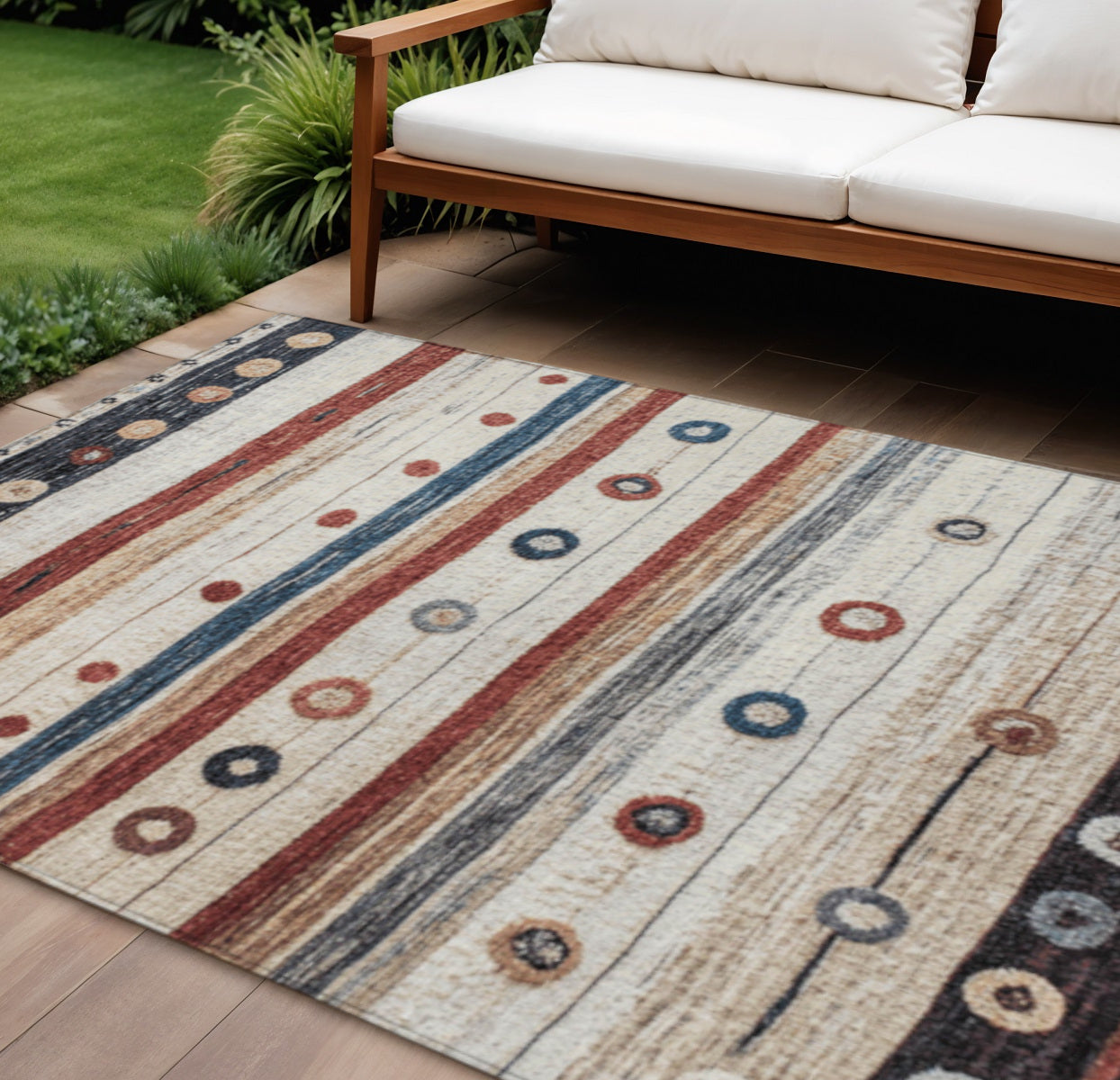 9 X 12 Beige Rust And Navy Blue Striped Washable Indoor Outdoor Area Rug