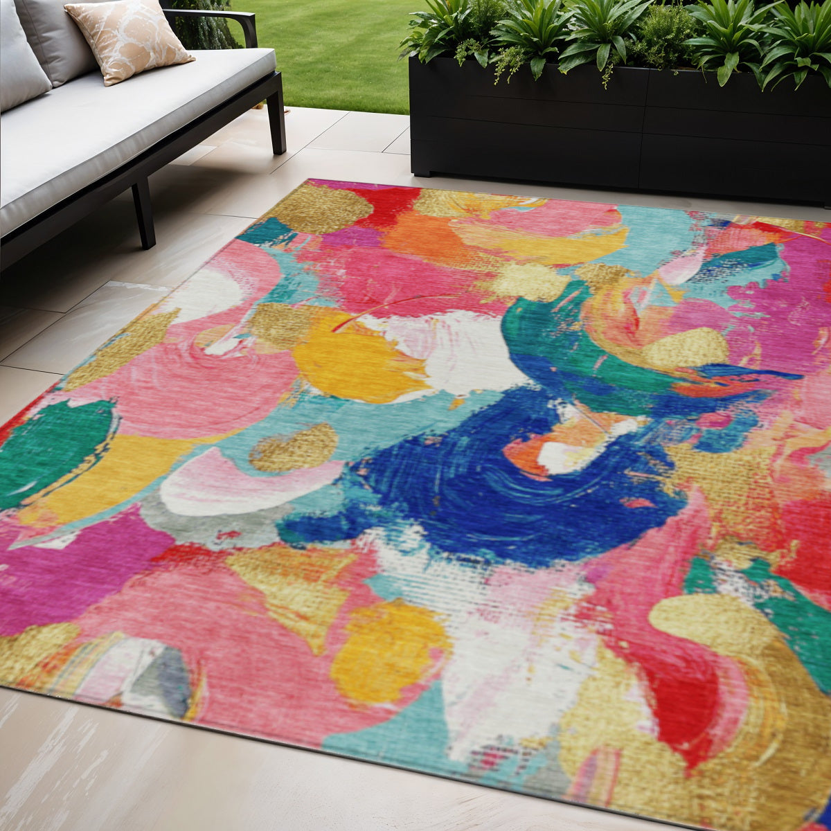 5 X 8 Blush Gold And Teal Blue Abstract Washable Indoor Outdoor Area Rug