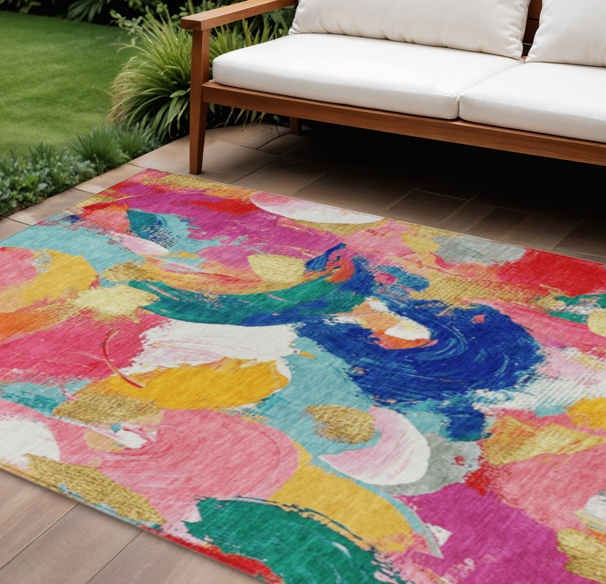 9 X 12 Blush Gold And Teal Blue Abstract Washable Indoor Outdoor Area Rug