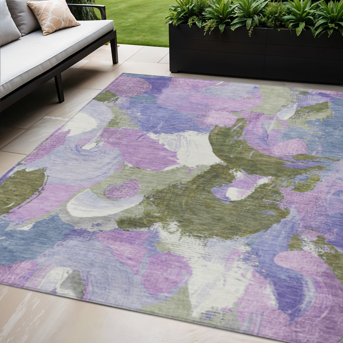5 X 8 Lavender Ivory And Sage Abstract Washable Indoor Outdoor Area Rug