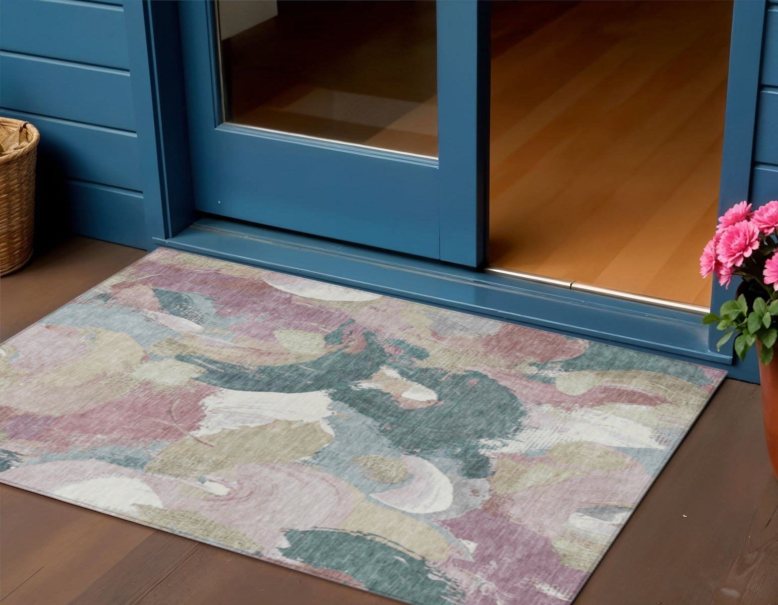 3 X 5 Mauve Beige And Sage Abstract Washable Indoor Outdoor Area Rug