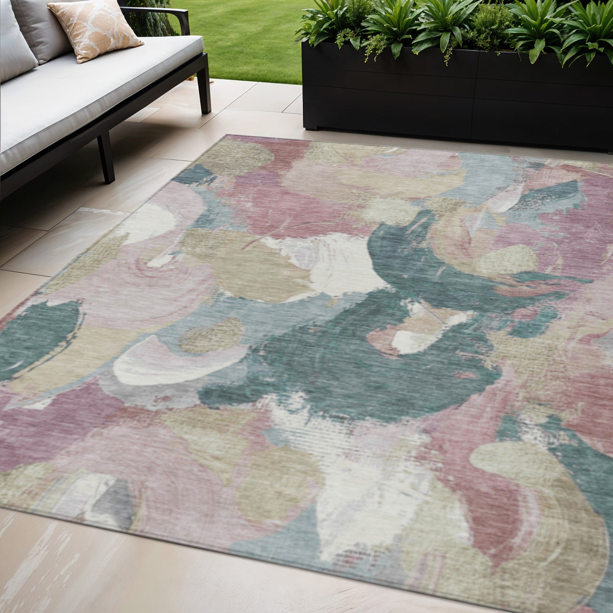 5 X 8 Mauve Beige And Sage Abstract Washable Indoor Outdoor Area Rug