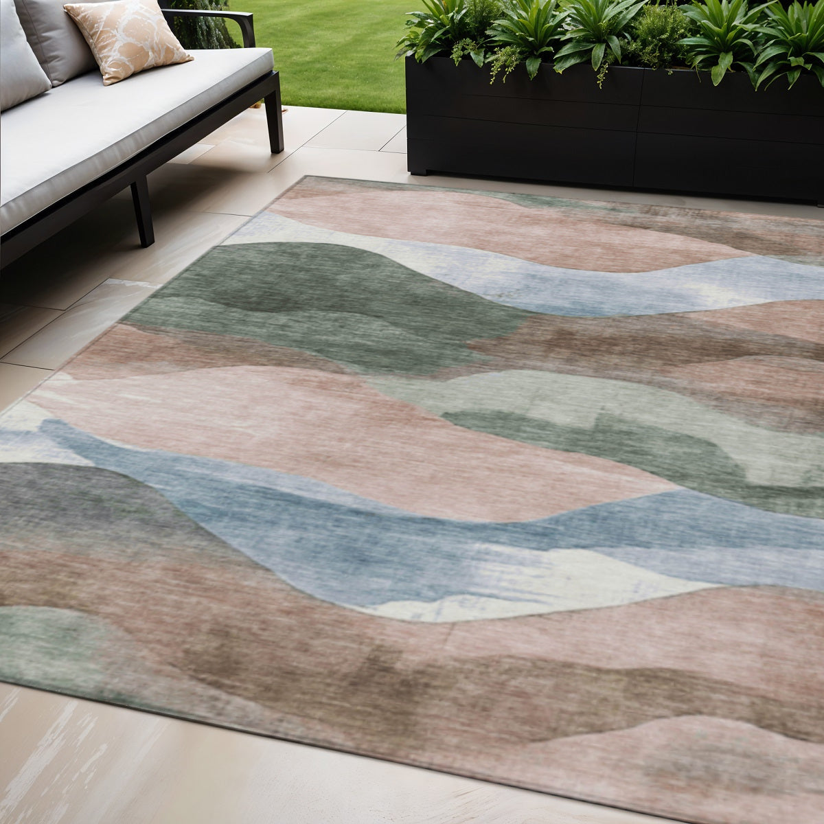 5 X 8 Salmon And Emerald Abstract Washable Indoor Outdoor Area Rug