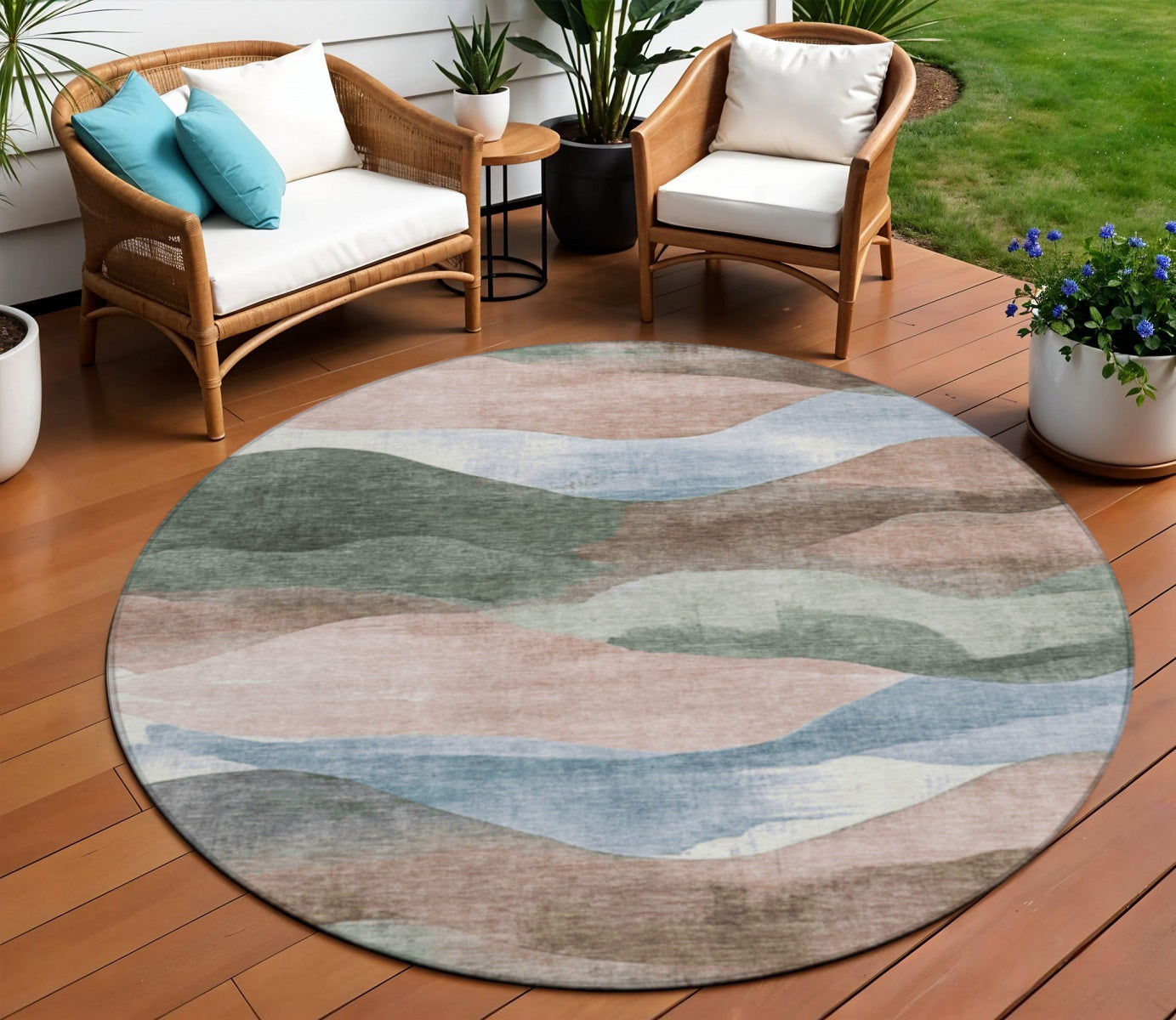 8 Salmon And Emerald Round Abstract Washable Indoor Outdoor Area Rug